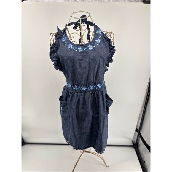 Sur La Table Women's Cooking Apron Baking Denim Floral Embroidered Pockets Blue - Picture 1 of 9